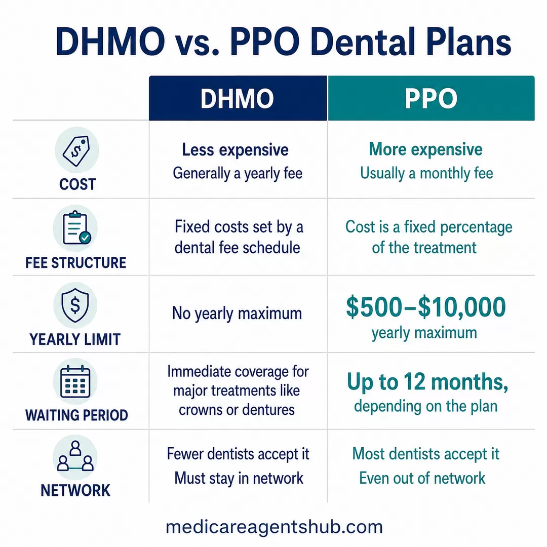 DHMO vs. PPO dental coverage comparison.