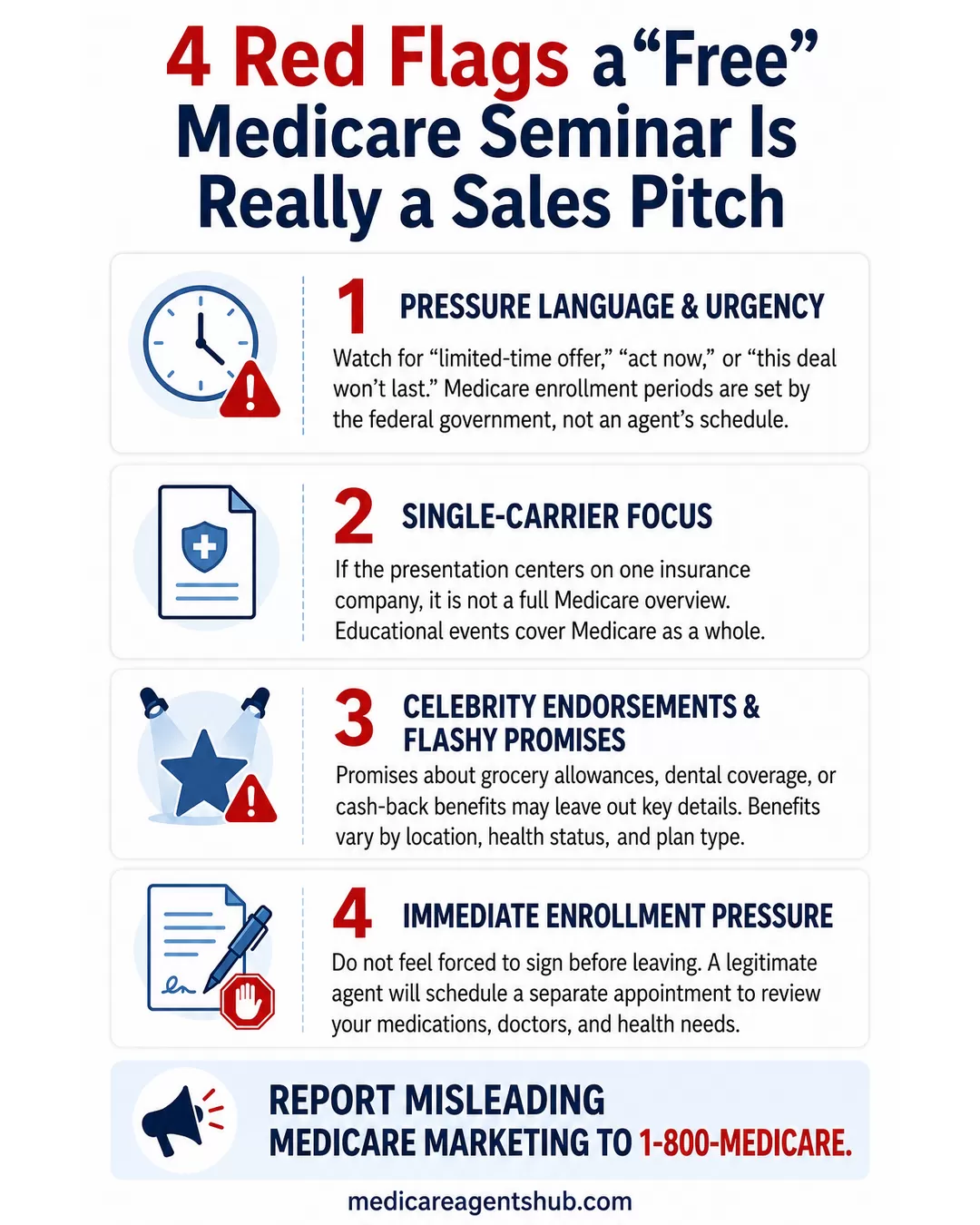Four red flags that a free Medicare seminar may be a sales pitch.