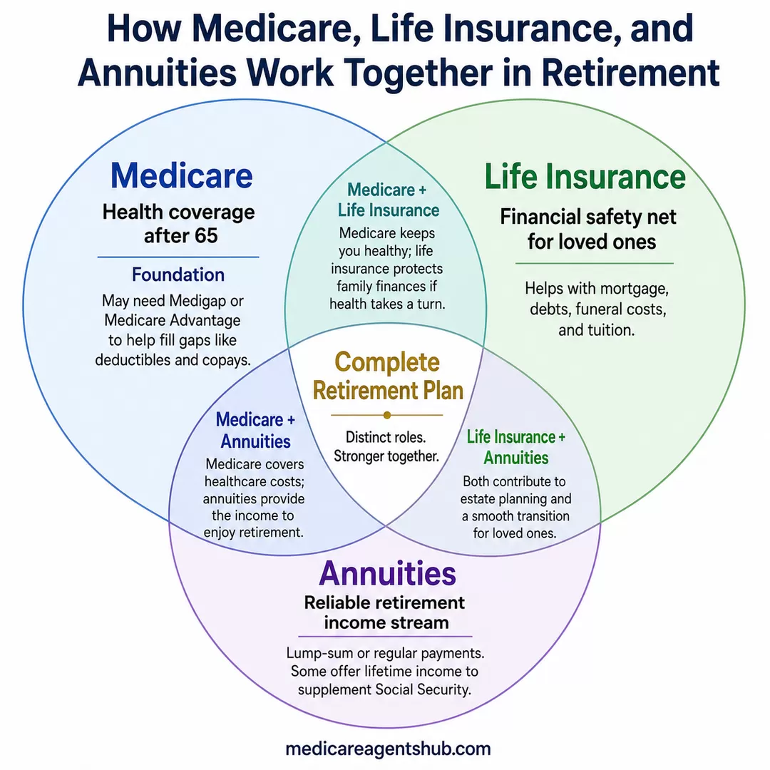 Medicare, life insurance, and annuities in retirement.