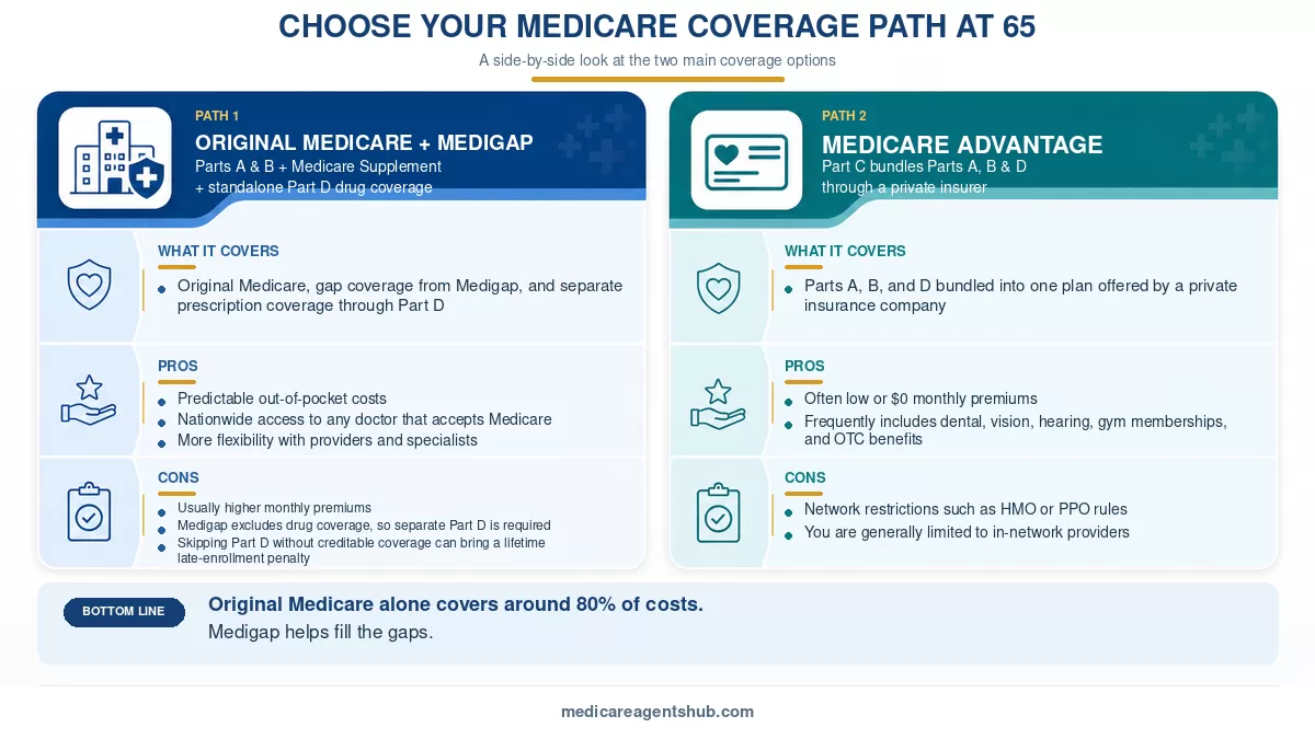 Medicare Advantage vs. Original Medicare coverage options at 65.