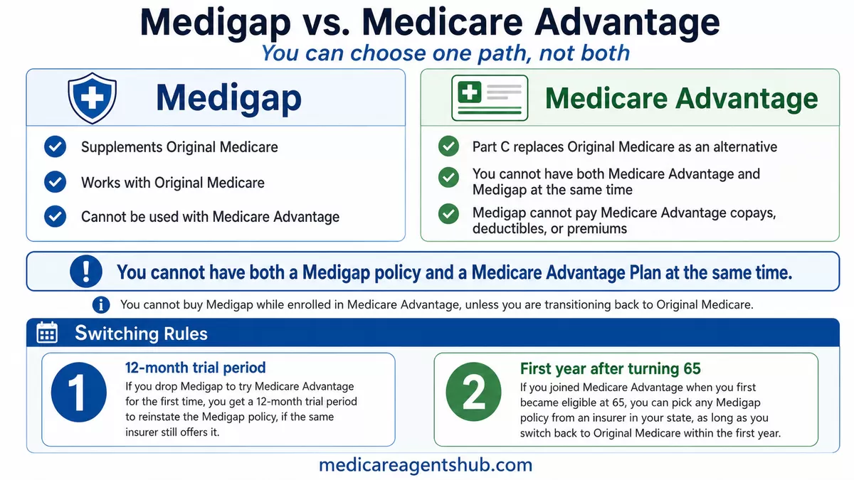 Senior couple reviewing Medigap and Medicare Advantage plan documents at their kitchen table.