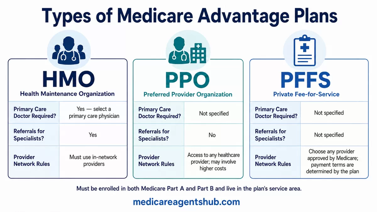 Comparison of HMO, PPO, and PFFS Medicare Advantage plans.