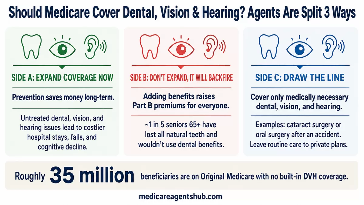 Three agent perspectives on expanding Medicare dental, vision, and hearing coverage.