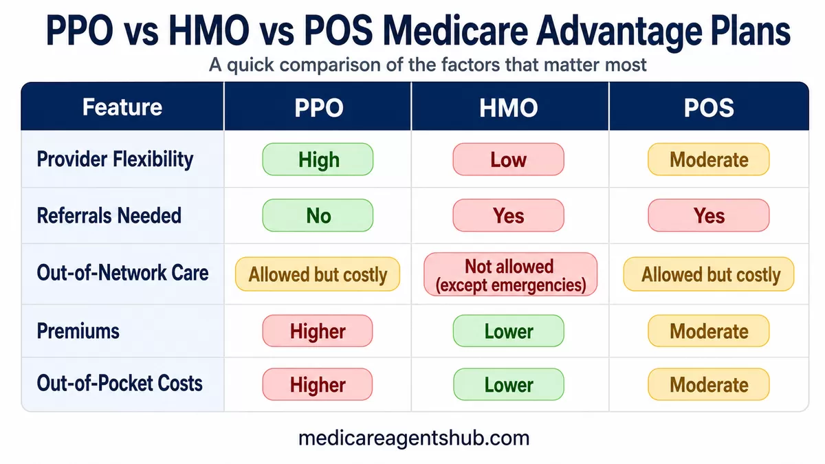 Medicare PPO, HMO, and POS plan comparison.