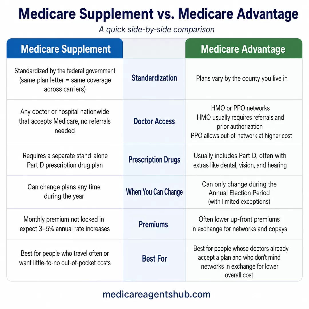 Medicare Supplement vs. Medicare Advantage comparison chart.
